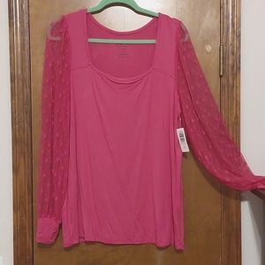 Torrid Hot Pink Super Soft Top with Sheer Polka Dot Sleeves Size 1X (14/16) NWT